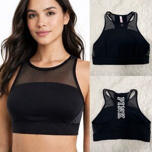 PINK Victoria’s Secret Black Sports Bra Size M Racerback Mesh Athletic Logo